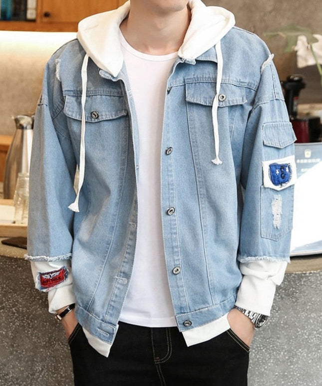 Męska kurtka jeansowa patchworkowa z kapturem i naszywkami