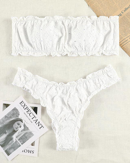 Damski dwuczęściowy strój kąpielowy bikini ażurowy z falbankami