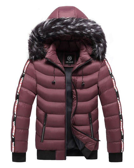 Męska kurtka zimowa ocieplana z kapturem z napisami na rękawach