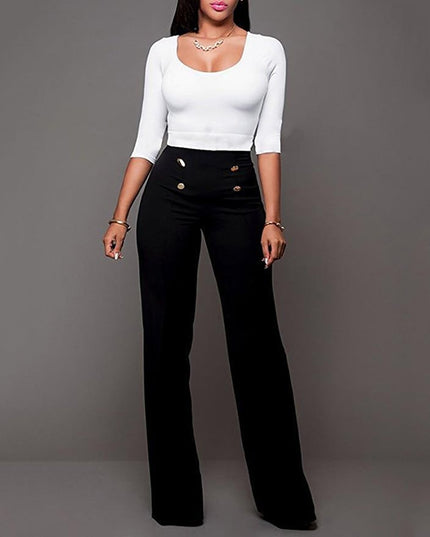 Damskie spodnie chinosy z guzikami i wysokim stanem