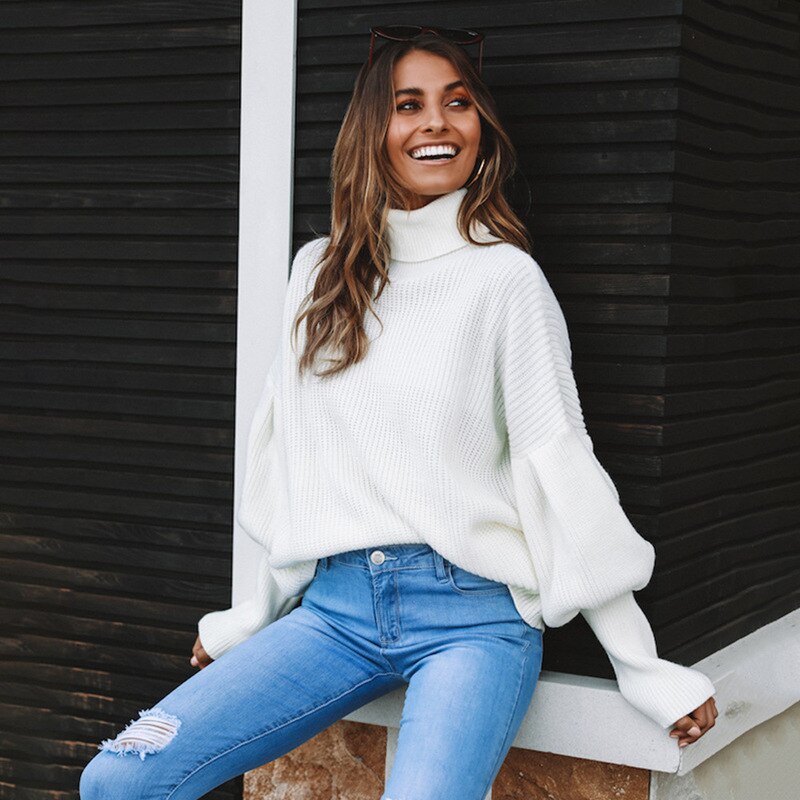Damski sweter z golfem oversize z bufiastymi rękawami