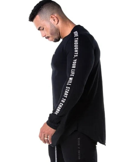 Męska koszulka z długim rękawem sportowa z napisami na rękawach