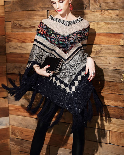 Damski sweter dziergany wzorzysty typu ponczo