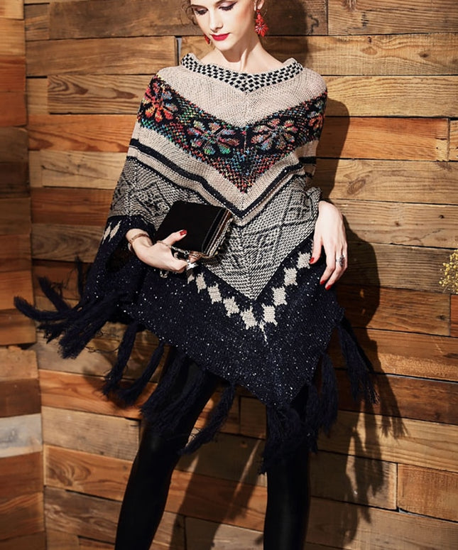 Damski sweter dziergany wzorzysty typu ponczo