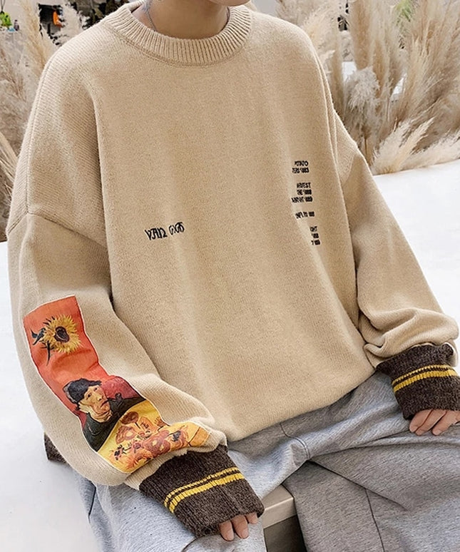 Męski sweter z dekoltem w łódkę i nadrukiem obrazów Van Gogha