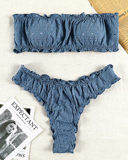 Damski dwuczęściowy strój kąpielowy bikini ażurowy z falbankami