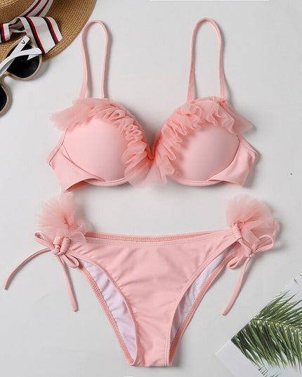Damski dwuczęściowy strój kąpielowy bikini z tiulową falbanką i wiązaniem