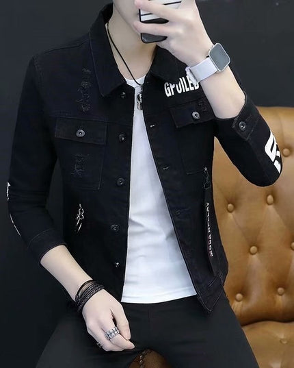 Męska kurtka jeansowa dopasowana z napisami