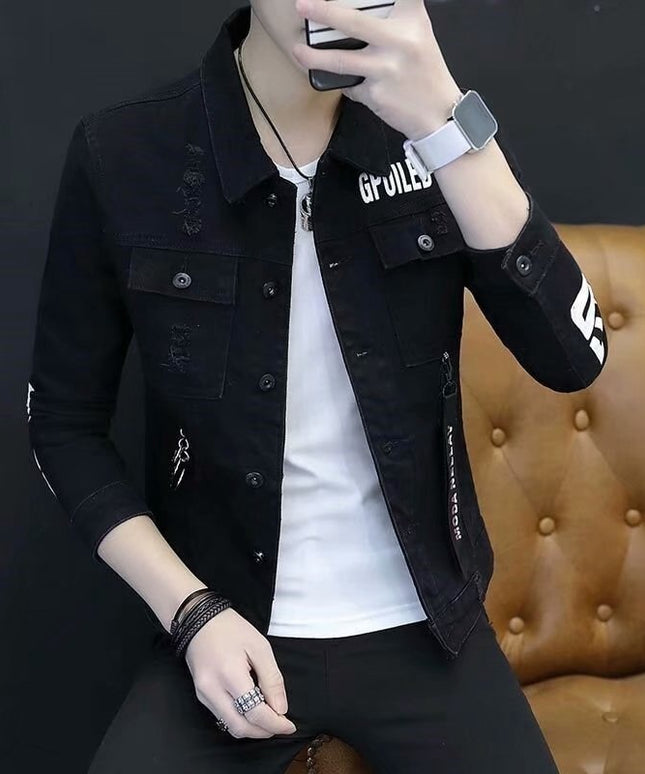 Męska kurtka jeansowa dopasowana z napisami