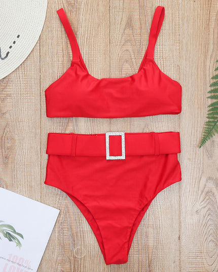 Damski dwuczęściowy strój kąpielowy bikini z wysokim stanem i paskiem