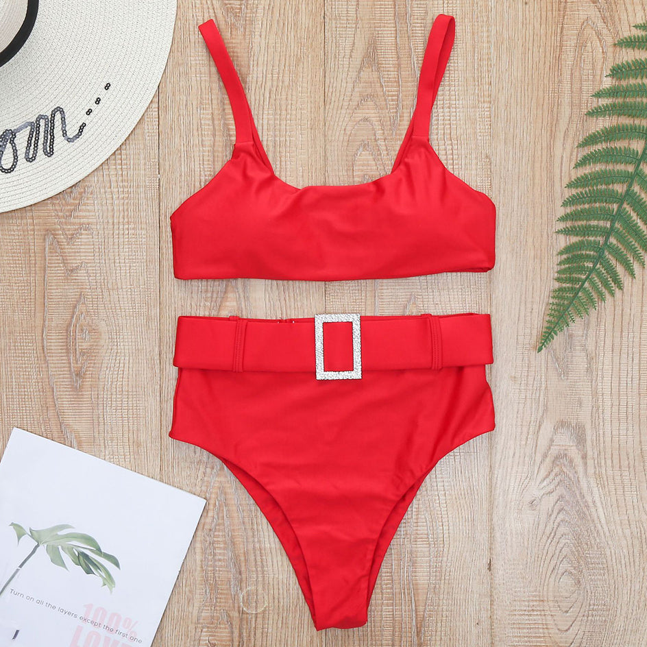 Damski dwuczęściowy strój kąpielowy bikini z wysokim stanem i paskiem