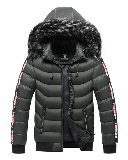 Męska kurtka zimowa ocieplana z kapturem z napisami na rękawach