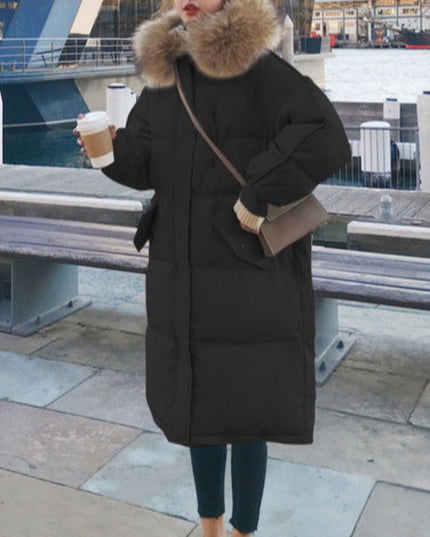 Damska kurtka zimowa ocieplana z kapturem długości przed kolano
