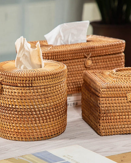 Pudełko na chusteczki okrągłe rattanowe z pokrywą