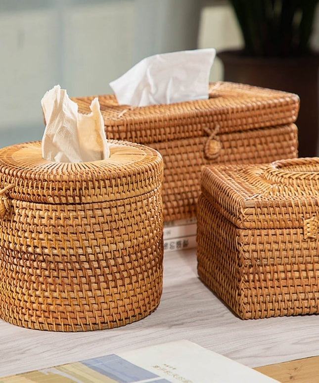 Pudełko na chusteczki okrągłe rattanowe z pokrywą