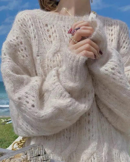 Damski sweter dziergany oversize z bufiastymi rękawami