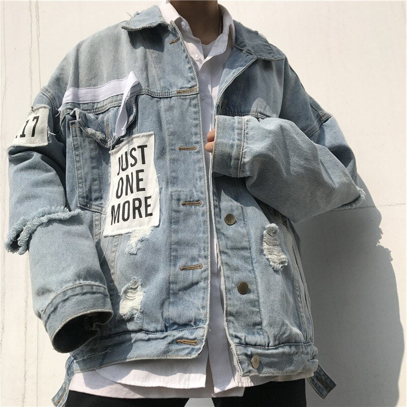 Męska kurtka jeansowa oversize z przetarciami