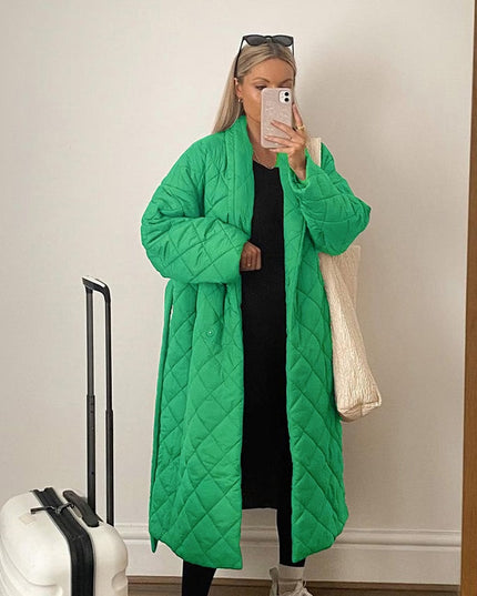 Damska kurtka zimowa długa z wiązaniem w talii