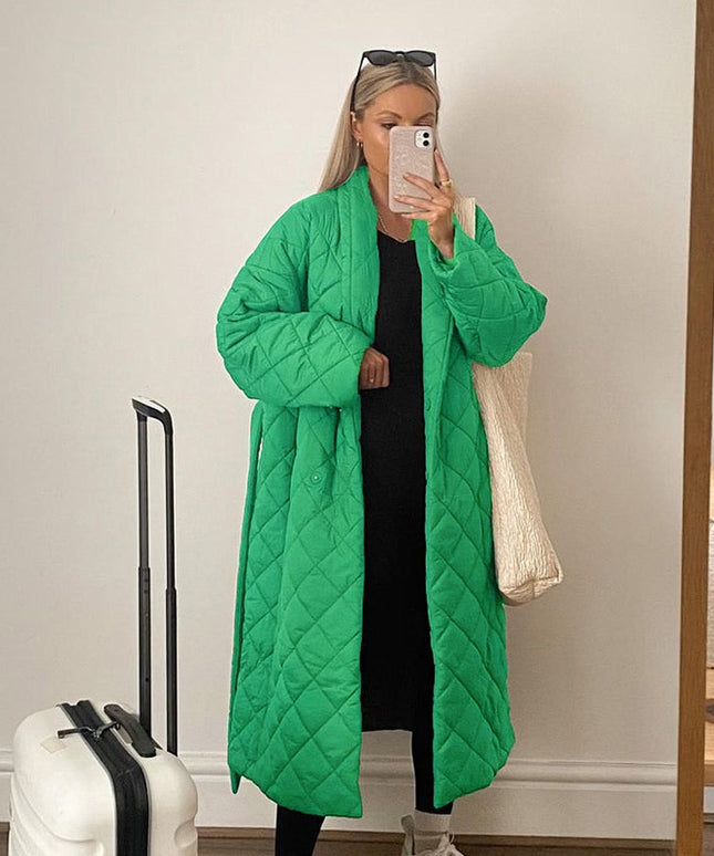 Damska kurtka zimowa długa z wiązaniem w talii