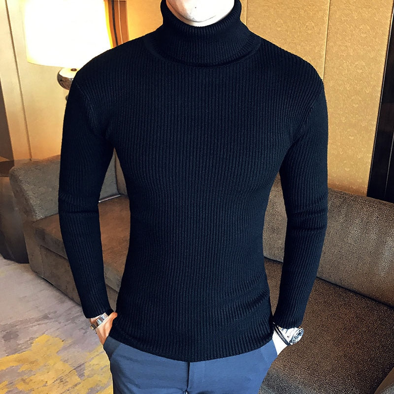 Męski sweter typu golf z prążkowanej tkaniny