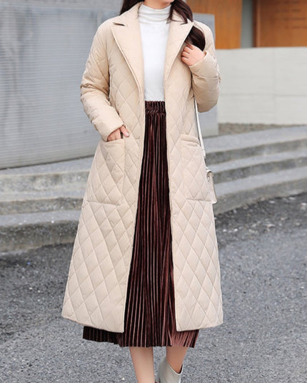 Damski długi płaszcz pikowany z wiązaniem