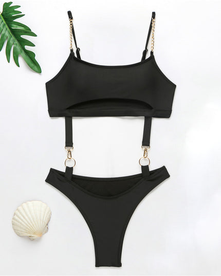 Jednoczęściowy strój kąpielowy monokini z ozdobnymi ramiączkami z łańcuszka
