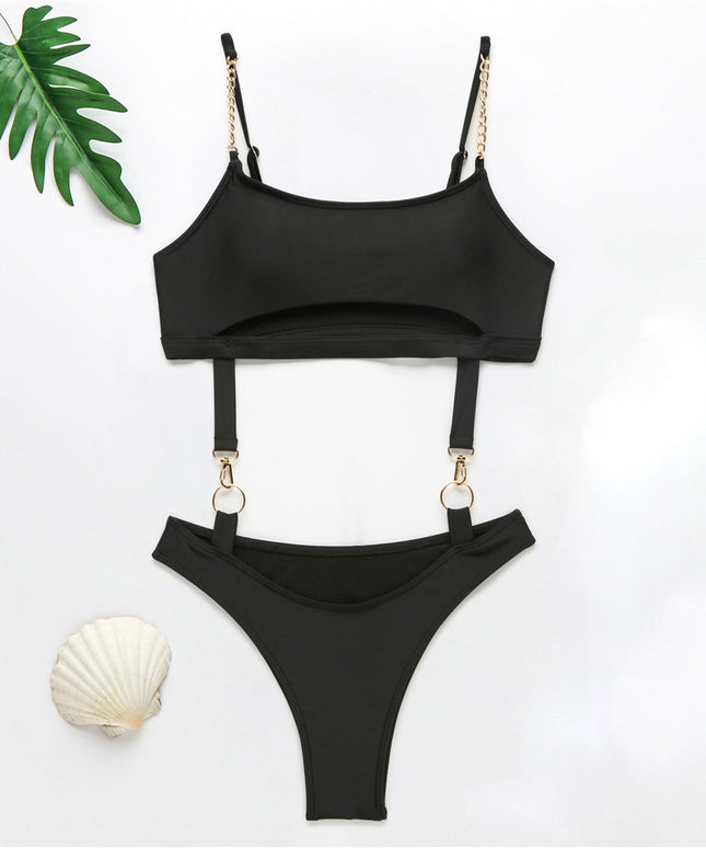 Jednoczęściowy strój kąpielowy monokini z ozdobnymi ramiączkami z łańcuszka