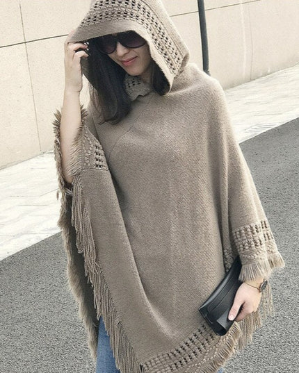 Damski sweter polarowy typu ponczo z frędzlami