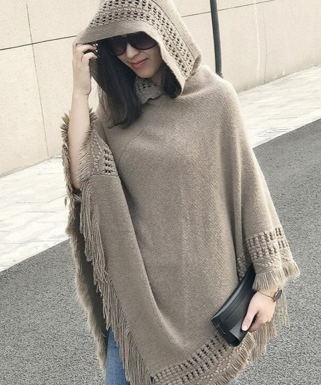 Damski sweter polarowy typu ponczo z frędzlami