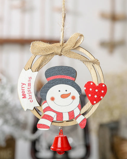 Świąteczna drewniana ozdoba wisząca z dzwoneczkiem i bałwanem