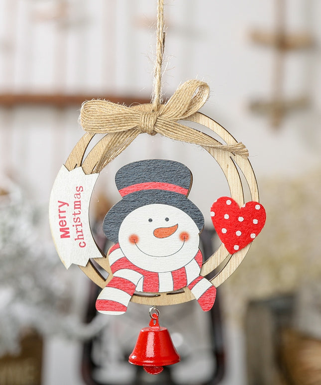 Świąteczna drewniana ozdoba wisząca z dzwoneczkiem i bałwanem