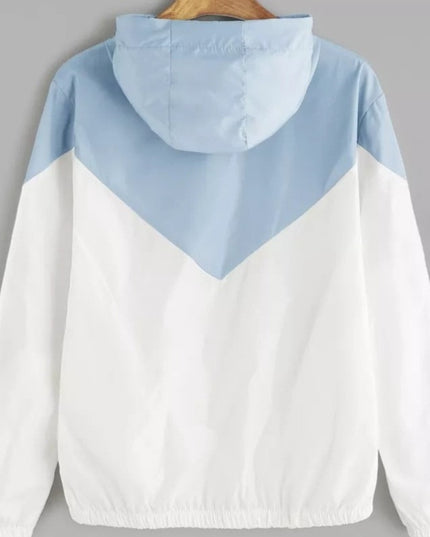 Damska kurtka przejściowa przeciwdeszczowa kontrastowa z kapturem