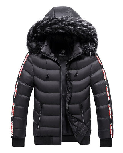 Męska kurtka zimowa ocieplana z kapturem z napisami na rękawach