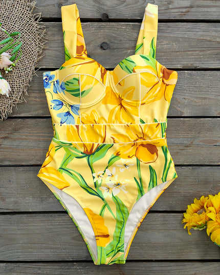Damski jednoczęściowy strój kąpielowy na szerokich ramiączkach w kwiatowe wzory