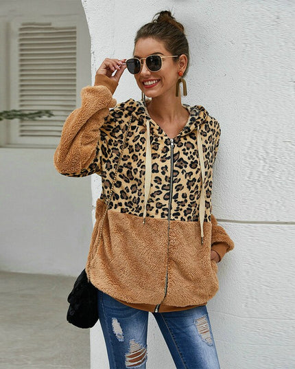 Damska bluza polarowa rozpinana z kapturem w panterkę