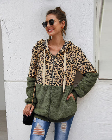 Damska bluza polarowa rozpinana z kapturem w panterkę