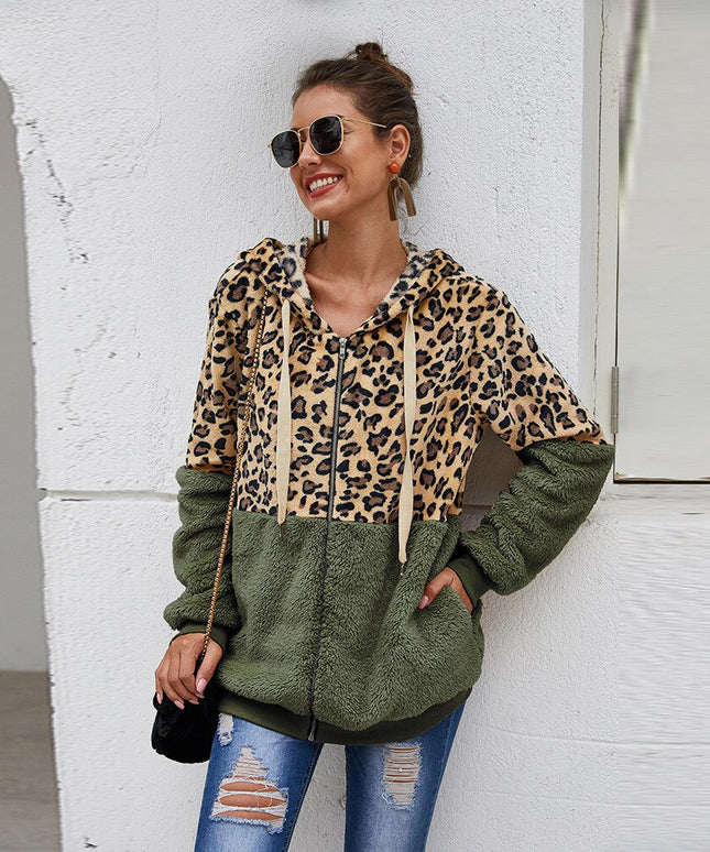 Damska bluza polarowa rozpinana z kapturem w panterkę