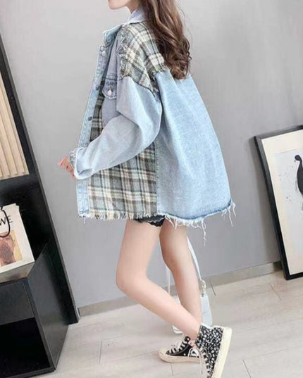 Damska kurtka jeansowa oversize z wstawkami w kratę