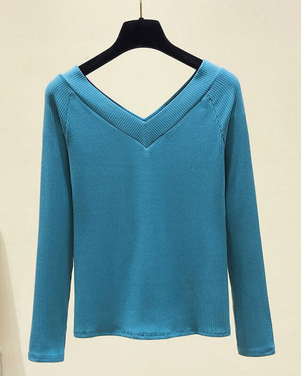 Damska koszulka z długim rękawem z dekoltem w serek z prążkowanego materiału