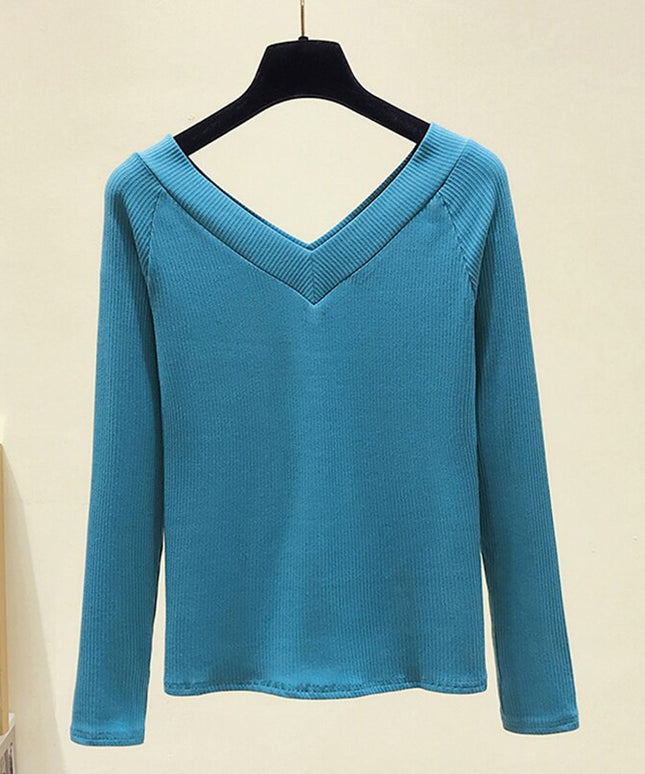 Damska koszulka z długim rękawem z dekoltem w serek z prążkowanego materiału