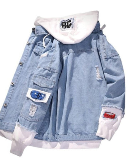 Męska kurtka jeansowa patchworkowa z kapturem i naszywkami