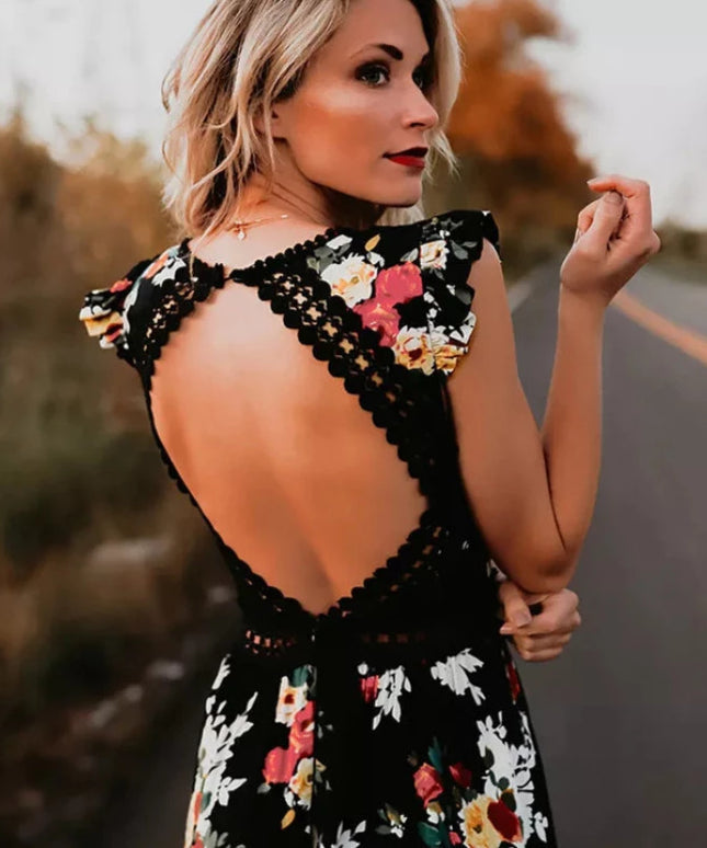 Sukienka maxi z koronką i odkrytymi plecami