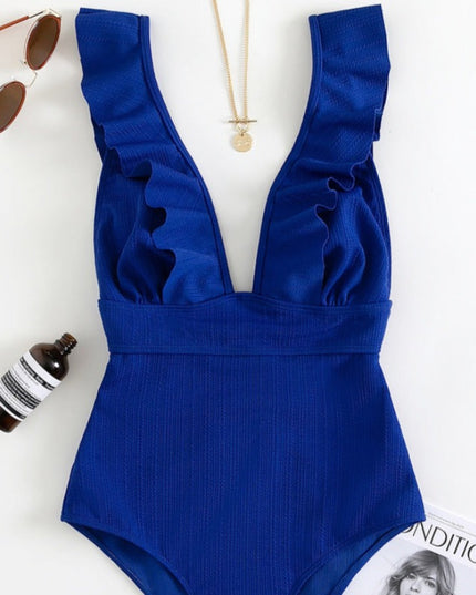 Jednoczęściowy strój kąpielowy monokini o głębokim dekolcie z falbanką