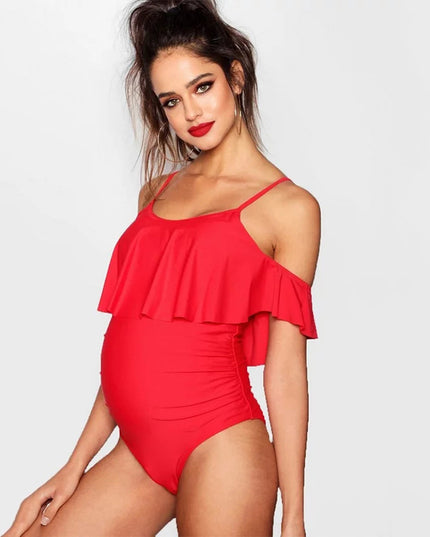 Jednoczęściowy strój kąpielowy dla kobiet w ciąży z falbanką opadającą na ramiona