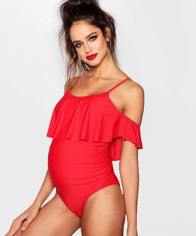 Jednoczęściowy strój kąpielowy dla kobiet w ciąży z falbanką opadającą na ramiona