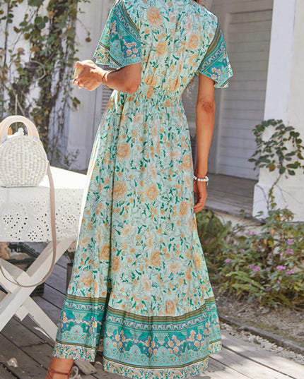 Sukienka maxi wzorzysta z przekładanym dekoltem