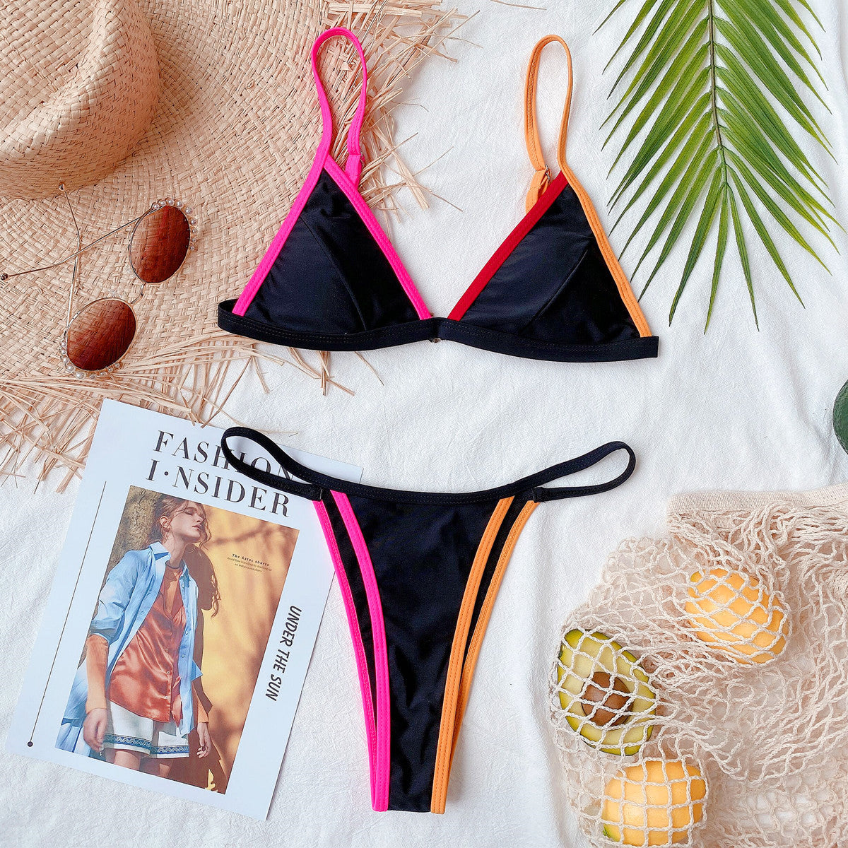 Damski dwuczęściowy strój kąpielowy bikini z kolorowymi wstawkami