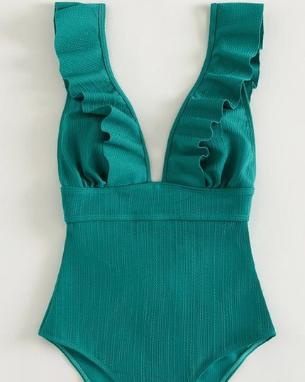 Jednoczęściowy strój kąpielowy monokini o głębokim dekolcie z falbanką