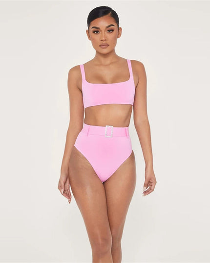 Damski dwuczęściowy strój kąpielowy bikini z wysokim stanem i paskiem