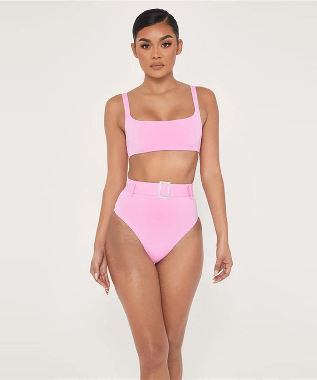 Damski dwuczęściowy strój kąpielowy bikini z wysokim stanem i paskiem